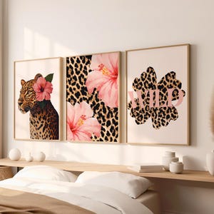 Ensemble de 3 affiches tendance à imprimé léopard et fleurs d'hibiscus, affiches de chambre à coucher avec guépard rose girly, affiche imprimée hawaïenne Aloha, esthétique de l'an 2000