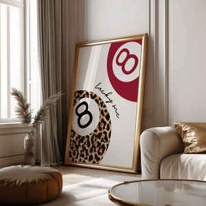 8 Ball Leopard Print Retro Lucky Me Poster Funky Y2K Ästhetische Wohnung Dekor Vintage Pool Ball Burgund Leopard Wand Kunst Digitaler Download
