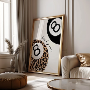 Modny plakat Lucky 8 Ball Vintage Pool 8 Ball Print Retro Home Decor Leopard Wall Art Digital Download Bar Cart Art Printable Wall Art