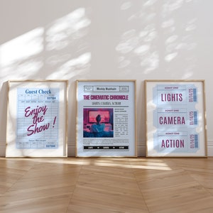 Home Theater Decor Set of 3 posters Movie Wall Art Ticket Blue Poster Cinema Wall Print Home Theater Art Movie Night Newspaper Printable Art