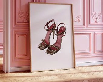 Trendy Leopard Designer Heels Poster Bedroom Wall Art Cheetah Heels Poster Beige Aesthetic Apartment Decor Leopard Luxury Heel Print Art