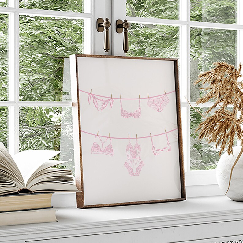 Pink Bathroom Wall Art Lingerine On A Clothesline Print Laundry Print Home Decor Girly Wall Art Laundry Decor Trendy Pink Coquette Wall Art image 9