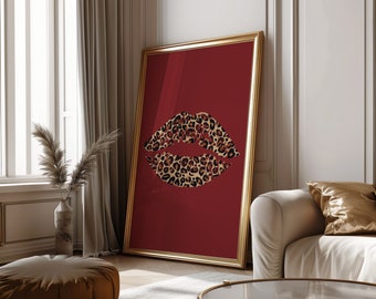 Leopard Lips Trendy y2k Wall Art Print Leopard Burgundy Print Cheetah Wall Art Leopard Bedroom Wall Decor Aesthetic College Dorm Decor Art