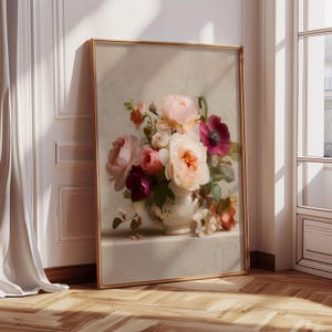 Floral Wall Art Pastel Botanical Poster Vintage Moody Pink Peonies Painting Elegant Art Print Trendy Romantic Aesthetic Coquette Wall Art