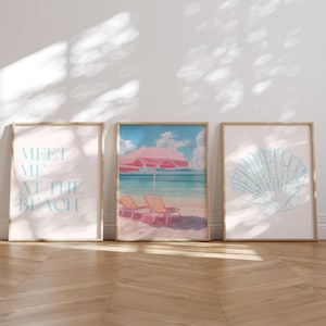 Coastal Print Set Of 3 Meet Me At The Beach Blue Coastal Print Trendy Aesthetic Pink Beach Prints Seashell Wall Art Digital Download