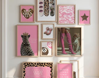 Pink Leopard Wall Art Set, Girly Gallery Wall, Y2K Aesthetic Pink Decor, Fashion Posters Bundle, Preppy Dorm Girl Apartment Printable