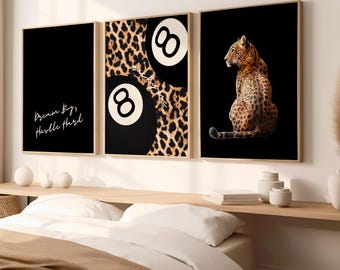 Black Leopard Wall Art Prints Set of 3 Leopard Cheetah Print 8 Ball Lucky Trendy Animal Print Poster Trendy Y2K Home Decor Digital Download
