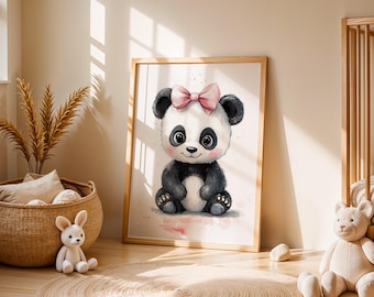 Impresión de guardería con bonito panda bebé, decoración de guardería infantil en color rosa, decoración de pared para habitación de animales, regalo para baby shower, bonito panda con estampado de arte de pared en color rosa estilo Cottagecore
