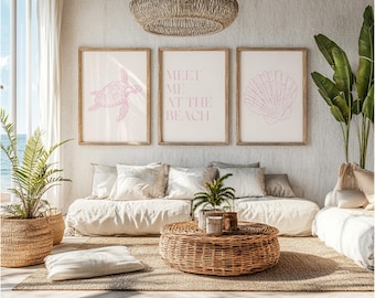 Coastal Print Set Of 3 Meet Me At The Beach Pink Coastal Print Trendy Coastal Aesthetic Beach Prints Seashell Wall Art Digital Download