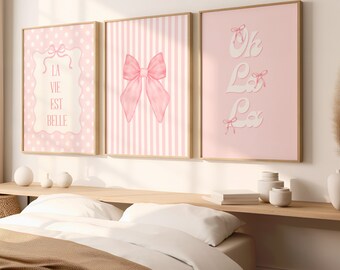 Pink Girly Coquette Set of 3  Pink Coquette Bow Print Oh La La French Wall Art La Vie Est Belle Trendy Pink Girly Dorm Decor Pastel Pink Art