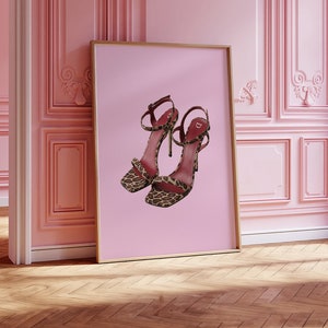 Trendy Pink Leopard Designer Heels Poster Bedroom Wall Art Cheetah Heels Poster Leopard Luxury Heel Print Art Pink Girly Dorm Decor Poster