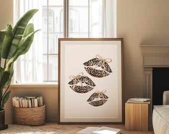 Trendy Leopard Lips Print Beige Bow Wall Art Leopard Coquette Girly Room Decor Animal Print Aesthetic Funky Poster Digital Download Wall Art