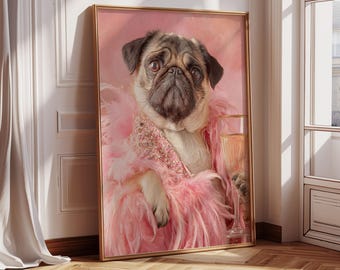 Glam Pug Art Print: Funny Dog with Champagne (Digital Download)