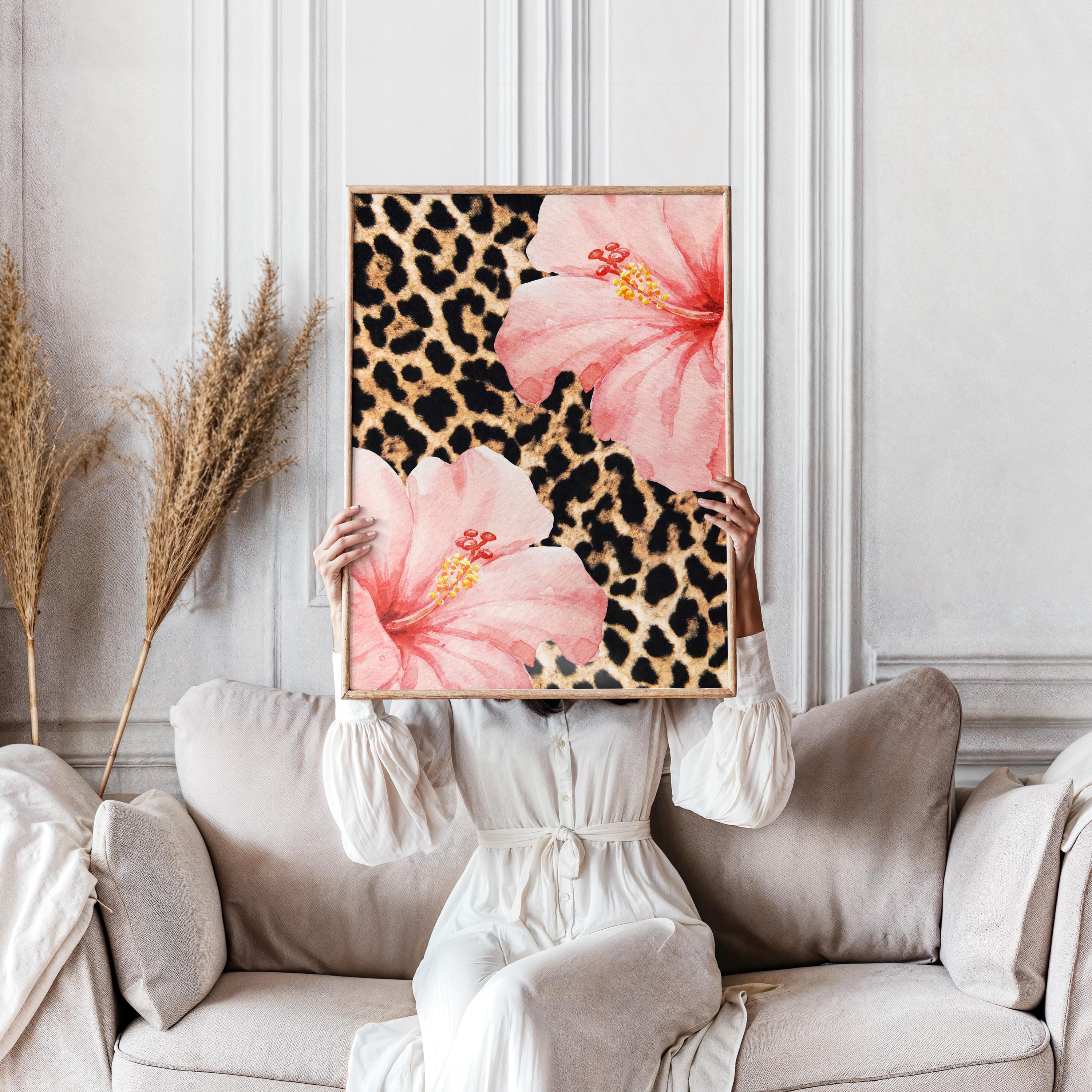 Leopard Hibiscus Flower Wall Art Girly Pink Cheetah Bedroom Poster