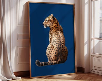 Marineblauwe luipaardprint muur kunst cheetah print retro muur decor digitale download marineblauw esthetische trendy muur kunst dierenprint slaapzaal decor