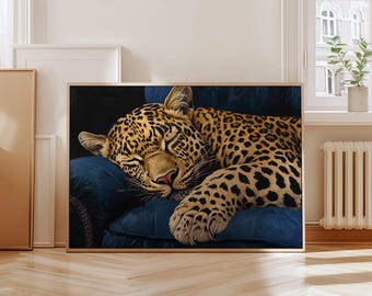 Horizontal Sleeping Leopard Wall Art Print Home Decor Cheetah Print Jungle Maximalist Decor Art Animal Modern Poster Animal Bedroom Wall Art