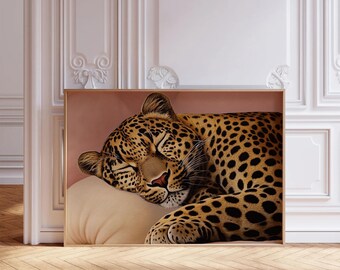 Blush Pink Sleeping Leopard Print: Horizontal Animal Poster (Digital Download)