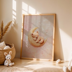 Niedlicher schlafender Teddybär Kinderzimmer Druck Bär Mond Kinderzimmer Dekor Blush Rosa Kinderzimmer Dekor Neutral Boho Digital Kinderzimmer Kunst