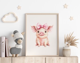 Baby Pig Nursery Print Cute Piggy Nursery Decor Farmhouse Room Wall Decor Baby Shower Gift Pink Coquette Print Baby Girl Nursery Wall Art