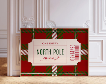 Christmas Wall Art Horizontal North Pole Ticket Art Red Green Christmas Decor Retro Christmas Art Ticket Print Trendy Xmas Digital Print