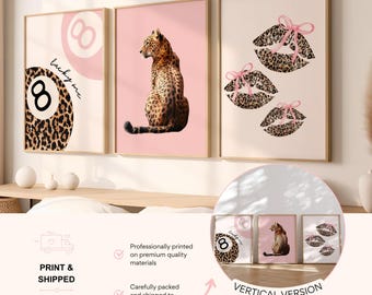 Pink Leopard Wall Art Set of 3, Coquette Leopard Prints, Pink 8 Ball Wall Art, Leopard Kiss Prints, Girly Preppy Room Decor, Trendy Wall Art