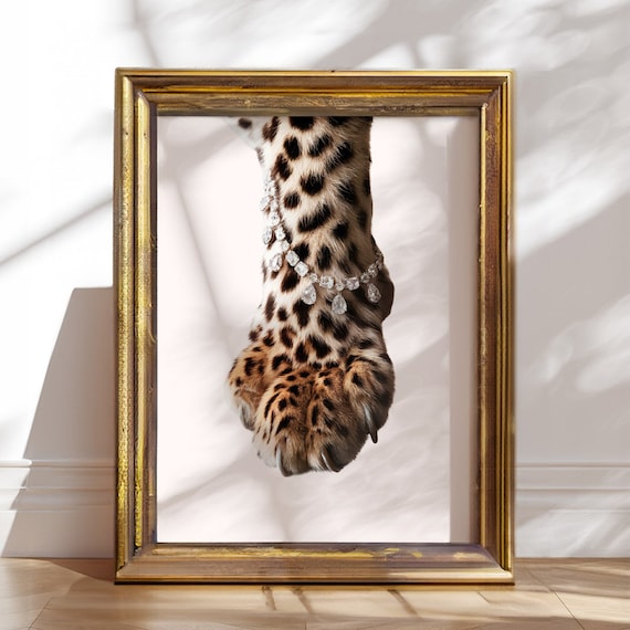 Trendy Chic Leopard Paw Print  Luxury Dorm Art Diamonds Jewelry Poster Wall Art Cheetah Print Home Decor Cheetah Animal Bedroom Wall Art