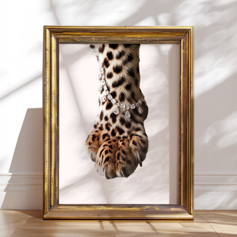 Trendy Chic Leopard Paw Print Wall Art Cheetah Print Home Decor Luxury Dorm Art Diamonds Jewelry Poster Cheetah Animal Bedroom Wall Art