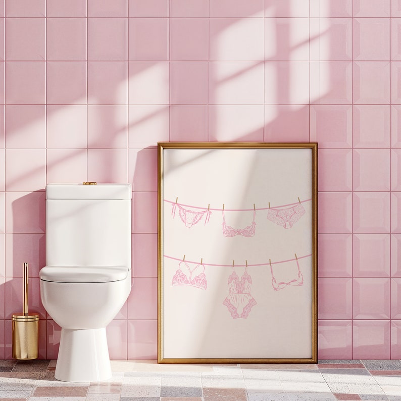 Pink Bathroom Wall Art Lingerine On A Clothesline Print Laundry Print Home Decor Girly Wall Art Laundry Decor Trendy Pink Coquette Wall Art