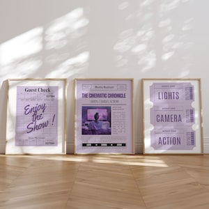 Purple Poster Movie Wall Art Set of 3 Home Theater Decor Ticket Cinema Wall Print Home Theater Art Movie Night Newspaper Printable Art