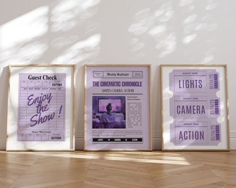 Juego de 3 pósteres morados de películas para pared, decoración de cine en casa, entradas de cine, impresión de pared, arte de cine en casa, arte imprimible de periódico para noche de cine