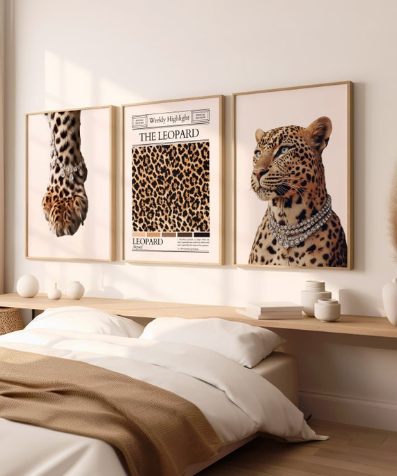 Set of 3 Chic Leopard Wall Art Cheetah Print Newspaper Wall Art Luxury Dorm Art Trendy Animal Wall Art Cheetah Print Poster Digital Download