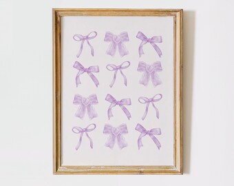 Coquette Room Decor Purple Bows Girly Poster Aesthetic Neutral Wall Art Nursery Print Preppy Girly Room Decor Trendy Wall Art Bow Print