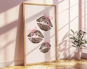 Trendy Leopard Lips Coquette Wall Art Print Pink Bow Wall Art Girly College Dorm Art Animal Print Cheetah Aesthetic Dorm Bedroom Wall Art