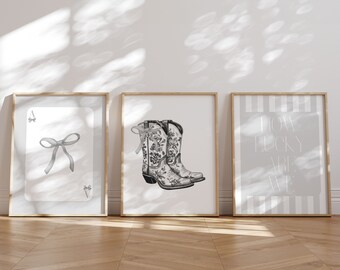 How Lucky Are We Set of 3 Coastal Cowgirl Print Coquette Bow Boots Girly Western Wall Art Light Gray Cute Poster Trendy Dorm Decor