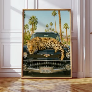 Retro Vintage Leopard Wall Art Print Cheetah Home Decor Summer Palm Springs Poster Maximalist Cheetah Car Print Animal Masculine Poster