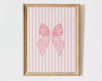 Decoración de habitación coqueta con lazo rosa, impresión para guardería, arte de pared estético rosa, póster preppy femenino, decoración de habitación femenina, arte de pared moderno, estampado de lazo rosa