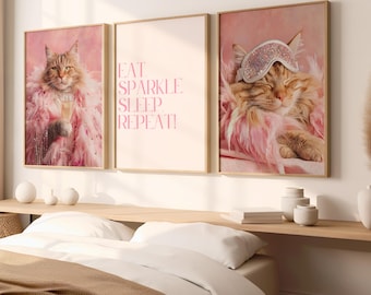 Coquette Glam Cat Wall Art Set, Pink Luxury Bedroom Decor, Viral Pet Prints