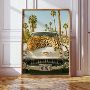 Trendy Leopard Wall Art Retro Car Poster Palm Springs Cheetah Home Decor Maximalist Cheetah Print Trendy Funky Leopard  Summer Poster