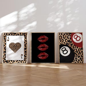 Black Red Leopard Set of 3 Wall Art Ace Card Leopard Cheetah Print Kiss Lips Poster 8 Ball Print Y2K Aesthetic Print Digital Download