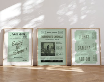 Sage Green Poster Film Wand Kunst 3er Set Heimkino Dekor Ticket Kino Wand Druck Heimkino Kunst Movie Night Zeitung druckbare Kunst