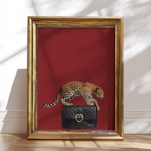 Trendy Chic Leopard Designer Tasche Poster Schlafzimmer Wandkunst Gepard Tasche Poster Leopard Stilvolle Wand Kunst Burgund Girly Wohnheim Dekor Poster