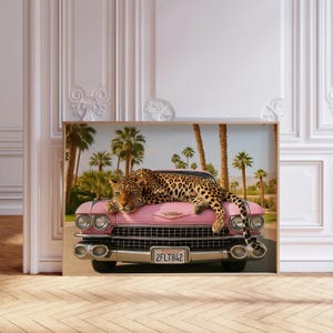 Retro Pink Car Leopard Wall Art Horizontal Print Girly Palm Springs Poster Cheetah Home Decor Maximalist Cheetah Car Print Trendy Wall Art