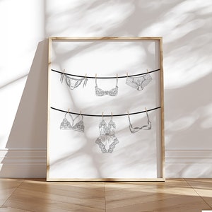 Lingerine On A Clothesline Print Pranie Print Łazienka Ścienna Sztuka Czarno-Biała Wystrój Domu Dziewczęca Ścienna Sztuka Dekoracji Pralni Coquette Ścienna Sztuka