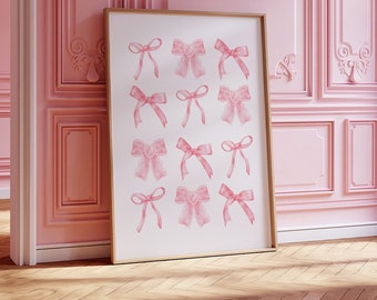 Coquette Room Decor Pink Bows Girly Poster Aesthetic Neutral Wall Art Nursery Print Preppy Girly Room Decor Trendy Wall Art Pink Bow Print