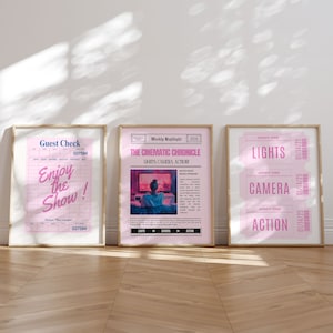 Decoración de cine en casa, juego de 3 carteles, cartel retro de entradas de cine, cartel rosa, tablero de acción de películas, impresión de pared de cine, periódico de noche de cine, arte imprimible
