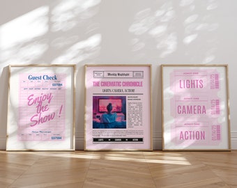 Heimkino Dekor 3er Poster Set Retro Kinokarte Pink Poster Film Action Board Kino Wand Print Movie Night Zeitung Printable Art