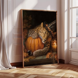 Halloween Leopard Wall Art Sleeping Leopard with Pumpkin & Witch Hat Cozy Fall Animal Poster Spooky Autumn Home Decor Autumn Leopard Print