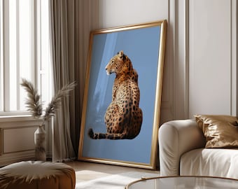 Leopard Print Wandkunst Blau Gepard Print Retro Wand Dekor Digital Download Blau Raum Dekor ästhetische trendige Wandkunst Retro Wohnheim Dekor