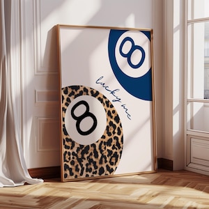 8 Ball Leopard Print Retro Lucky Me Poster Y2K Aesthetic Apartment Decor Vintage Pool Ball Navy Blue Leopard Wall Art Digital Download