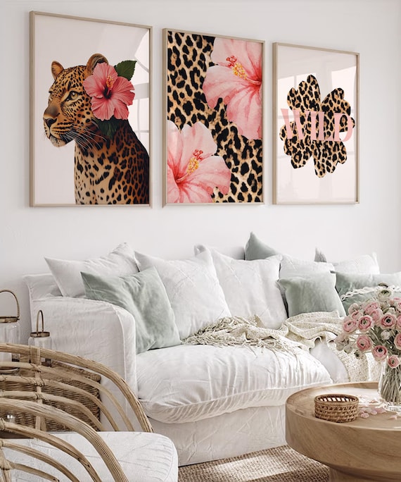 Trendy Leopard Hibiscus Flower Print Set of 3 Wall Art Girly Pink Cheetah Bedroom Posters Hawaiian Aloha Print Poster Funky Y2K Aesthetic